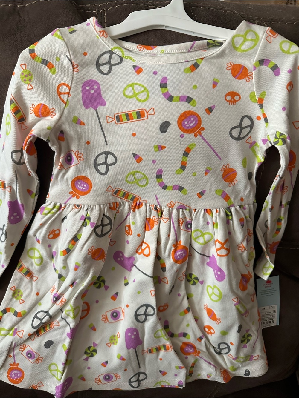 Kids Long-Sleeve Candy Print Pajama Dress - White with Orange, Purple & Green